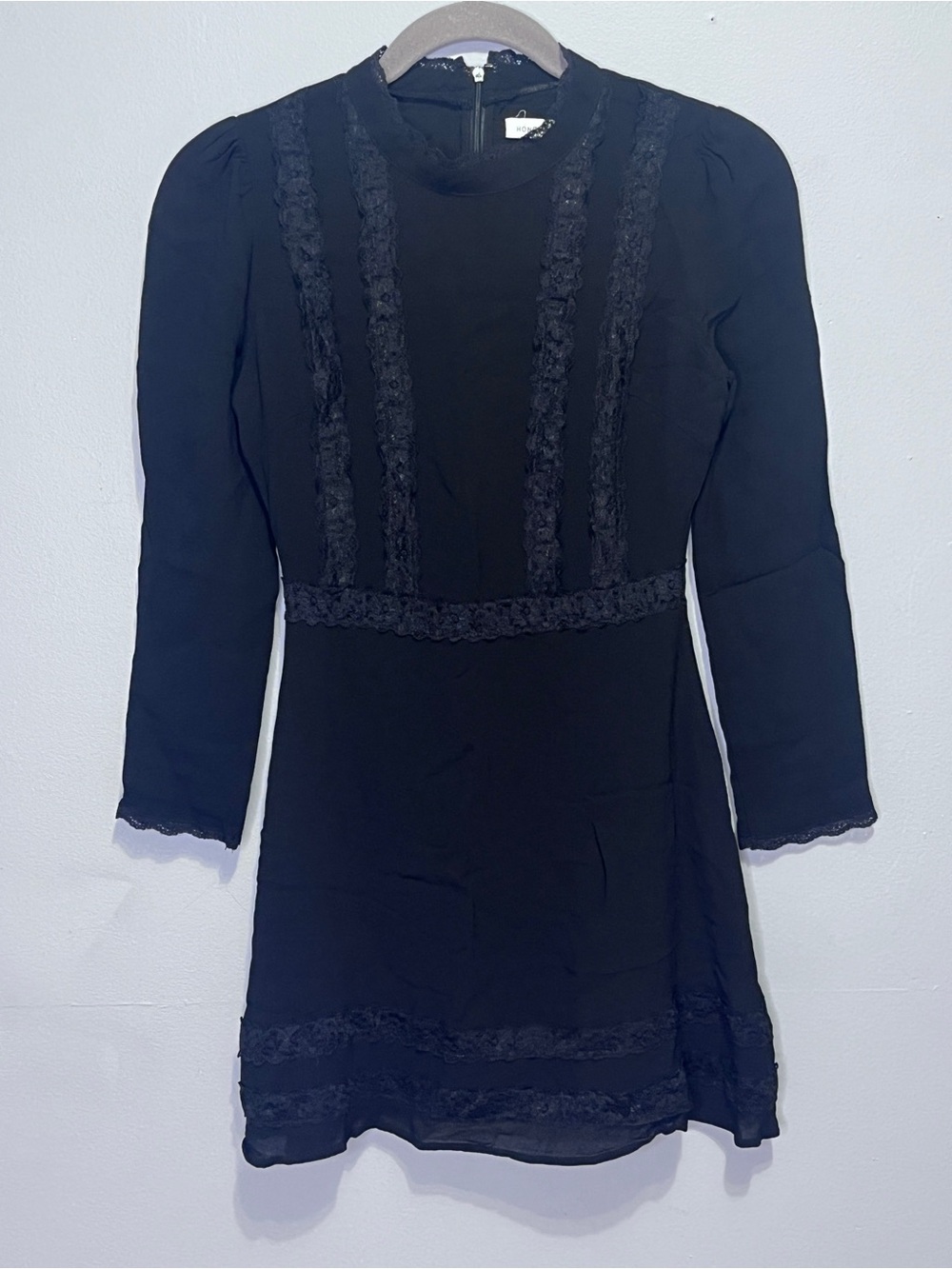 Honey Punch Black Long Sleeve Lace-Trim Dress